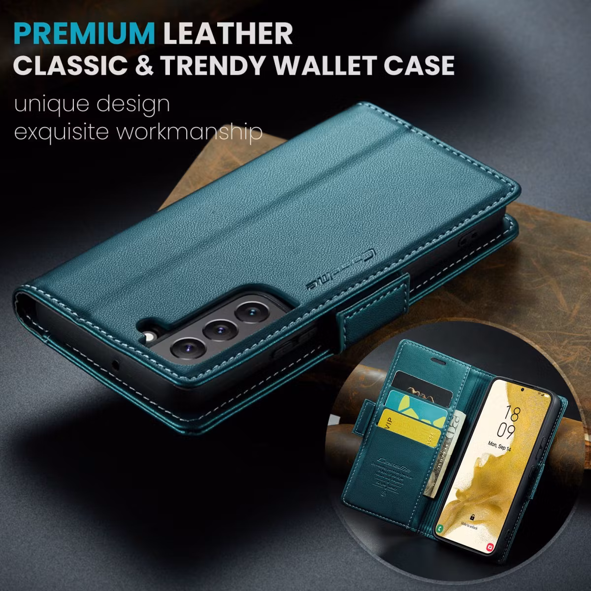 Samsung S22 - Fodral Premium Läder RFID Skyddat CaseMe® Grön