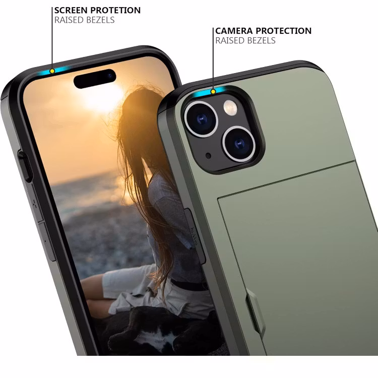 iPhone 14 - Stöttåligt Skal med Kortfack Extra Förstärkt Grön