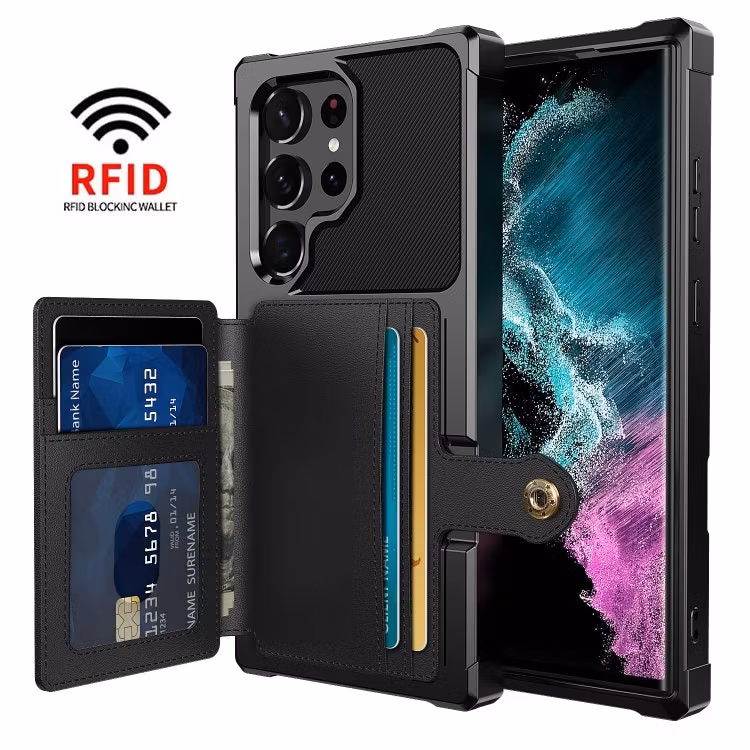 Samsung S22 Ultra - Premium Stöttåligt Läder Skal Korthållare Solid® Svart