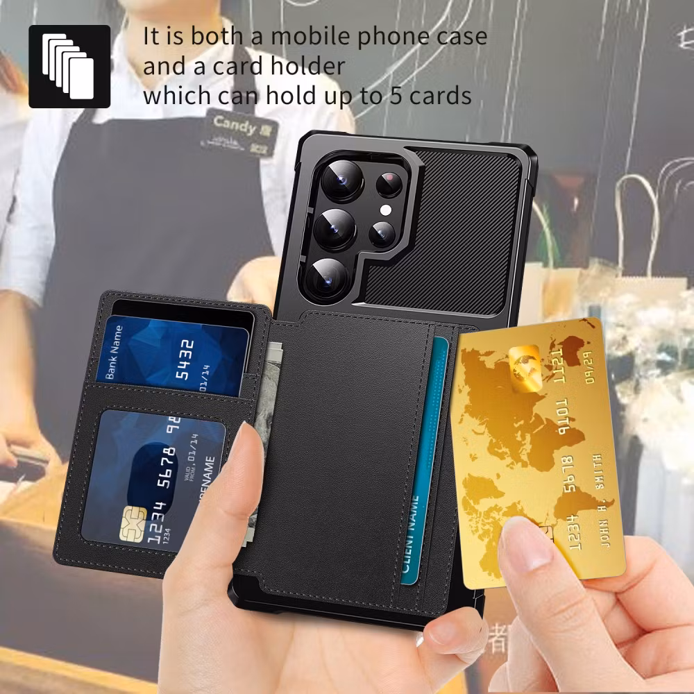 Samsung S25 Ultra - Skal Stöttåligt 4-FACK Korthållare Svart