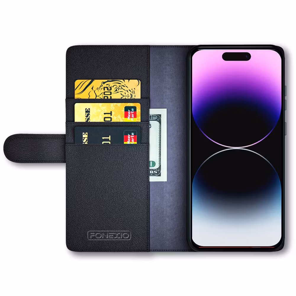 iPhone 14 Pro - Äkta Läder Fodral 4-FACK Svart