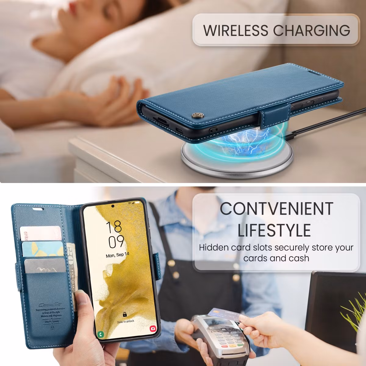 Samsung S23 - Fodral Premium Läder RFID Skyddat CaseMe® Blå