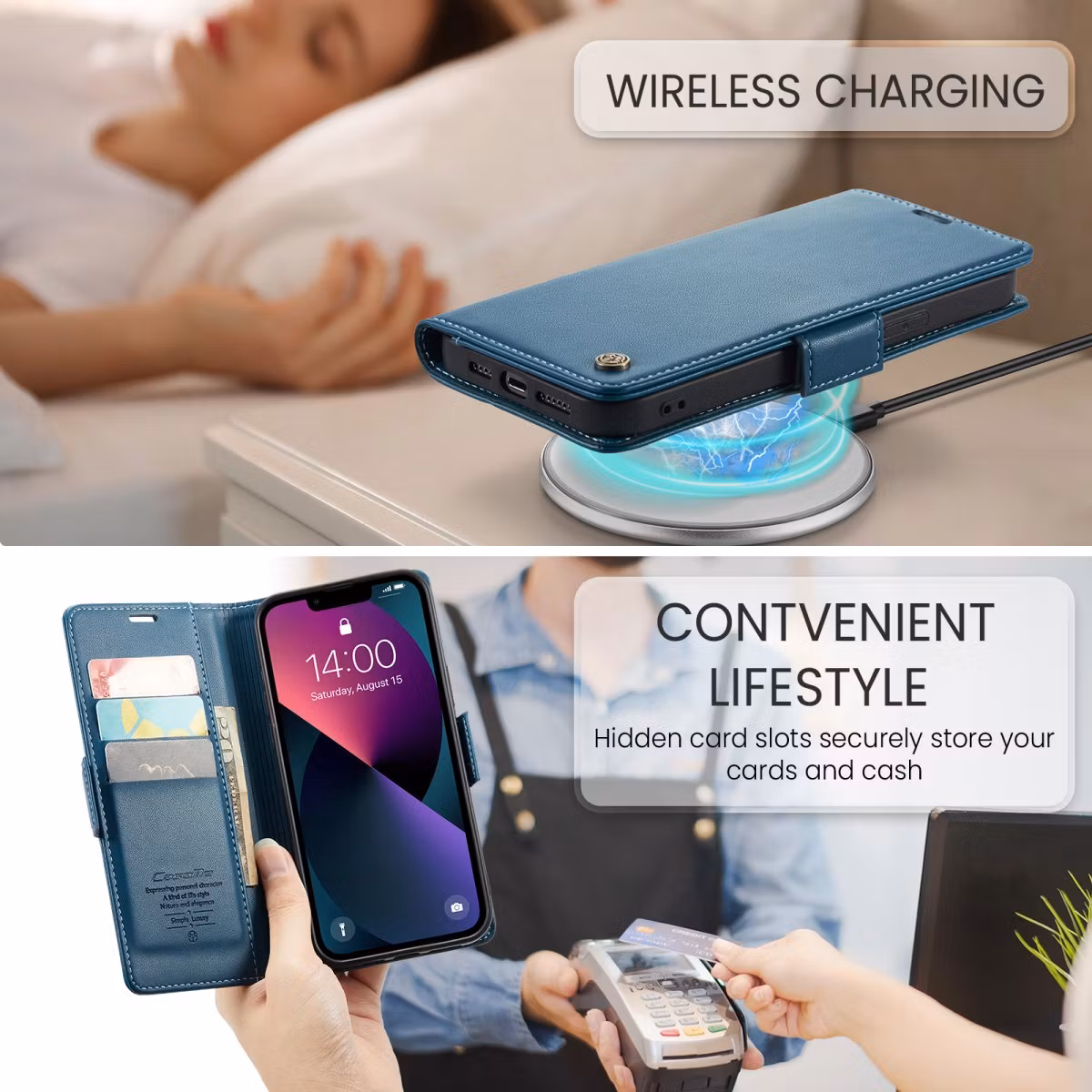 iPhone 15 - Fodral Premium Läder RFID Skyddat CaseMe® Blå