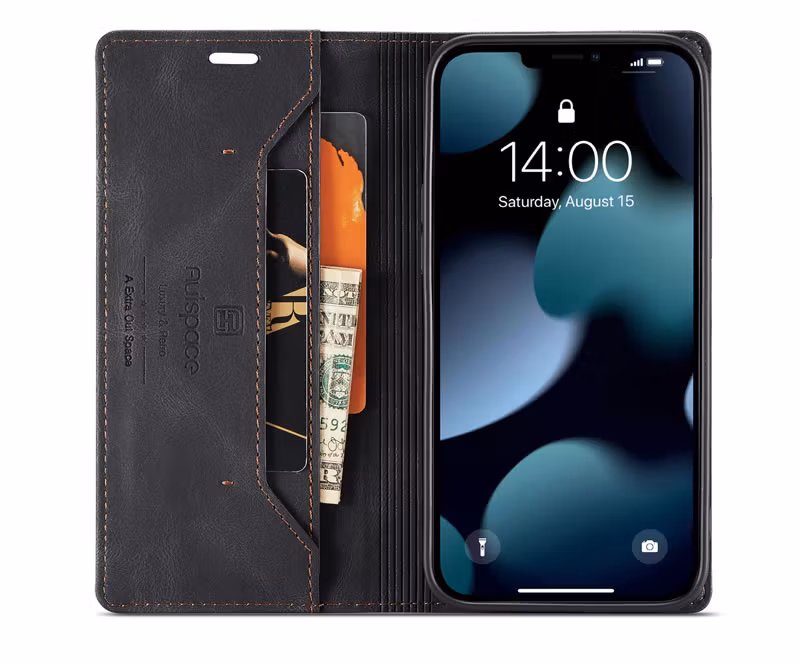 iPhone 13 Pro Max - Premium Läder Fodral RFID Skyddat Svart