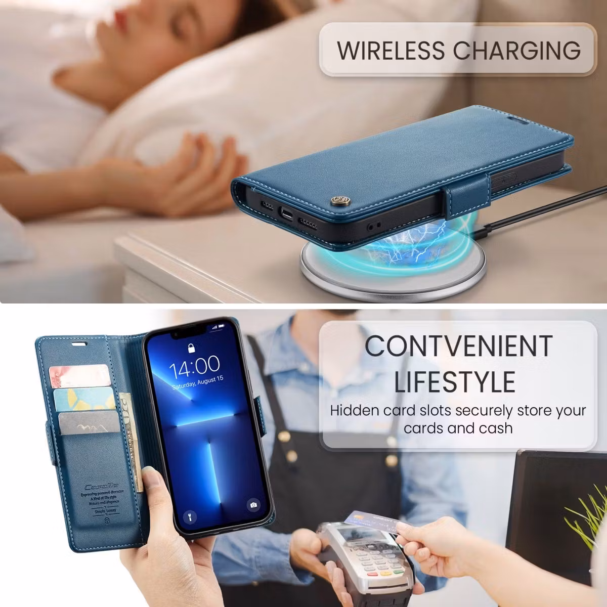 iPhone 12 - Fodral Premium Läder RFID Skyddat CaseMe® Blå