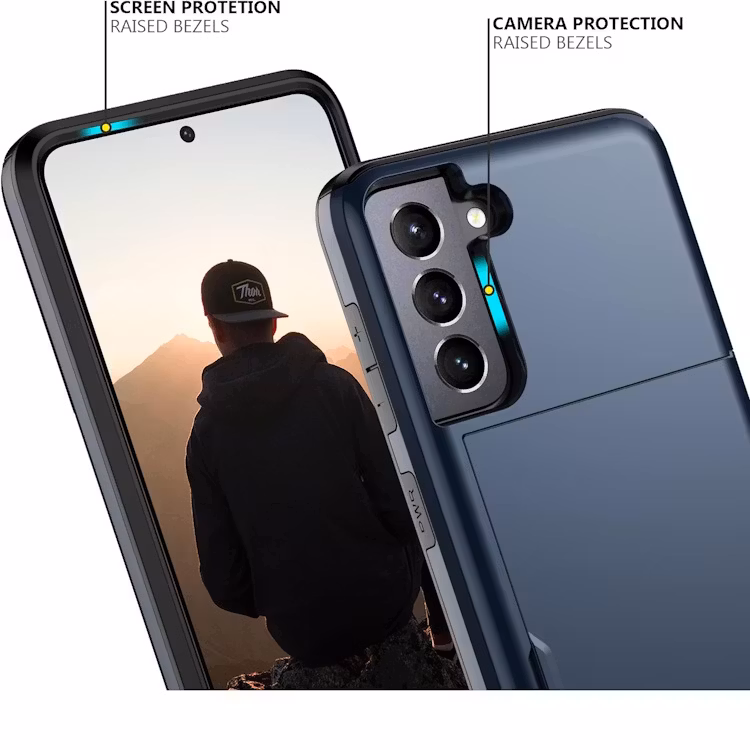 Samsung S21 FE - Stöttåligt Skal med kortfack Extra förstärkt Blå