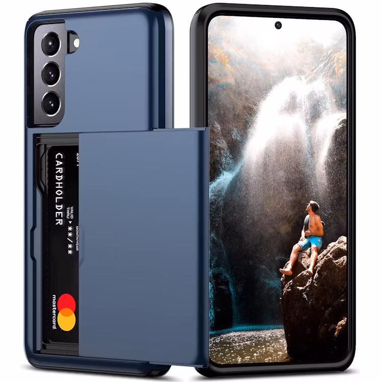 Samsung S21 FE - Stöttåligt Skal med kortfack Extra förstärkt Blå