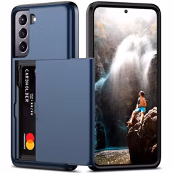 Samsung S21 FE - Stöttåligt Skal med kortfack Extra förstärkt Blå