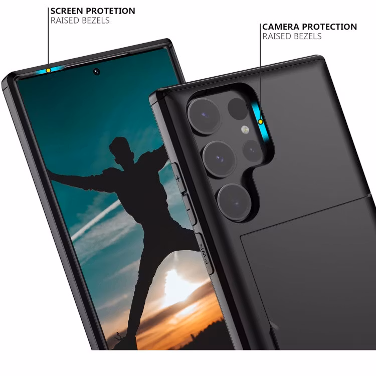 Samsung S25 Ultra - Stöttåligt Skal med Kortfack Extra Förstärkt Svart