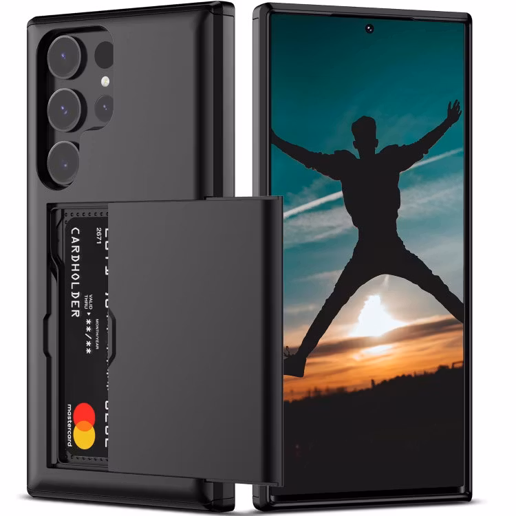 Samsung S25 Ultra - Stöttåligt Skal med Kortfack Extra Förstärkt Svart