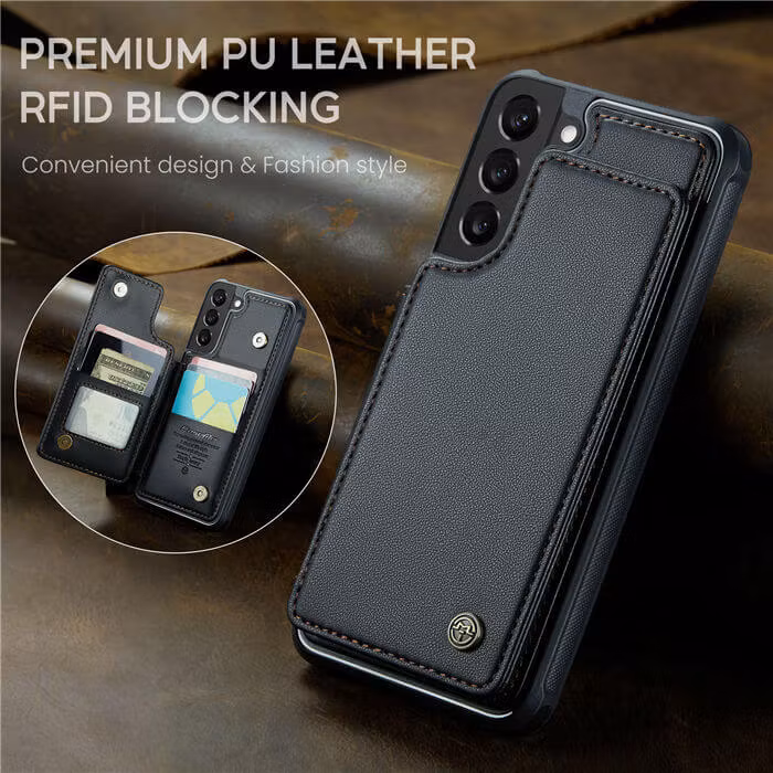 Samsung S22 - Stöttåligt Skal 4-FACK Korthållare Svart