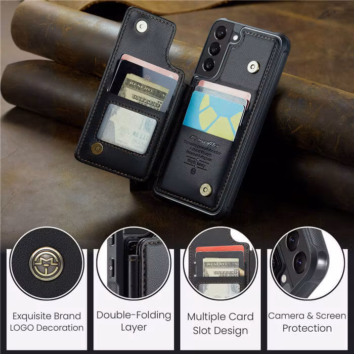 Samsung S22 - Stöttåligt Skal 4-FACK Korthållare Svart