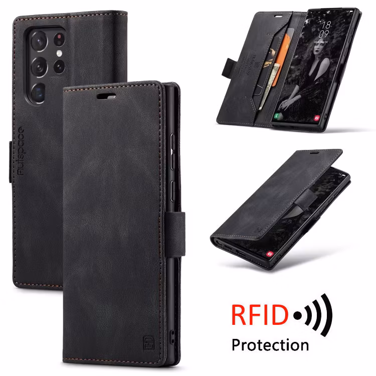 Samsung S22 Ultra - Premium Läder Fodral RFID Skyddat Svart