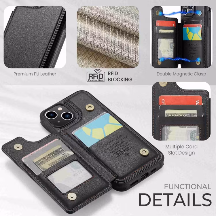 iPhone 14 - Stöttåligt Skal 4-FACK Korthållare Svart