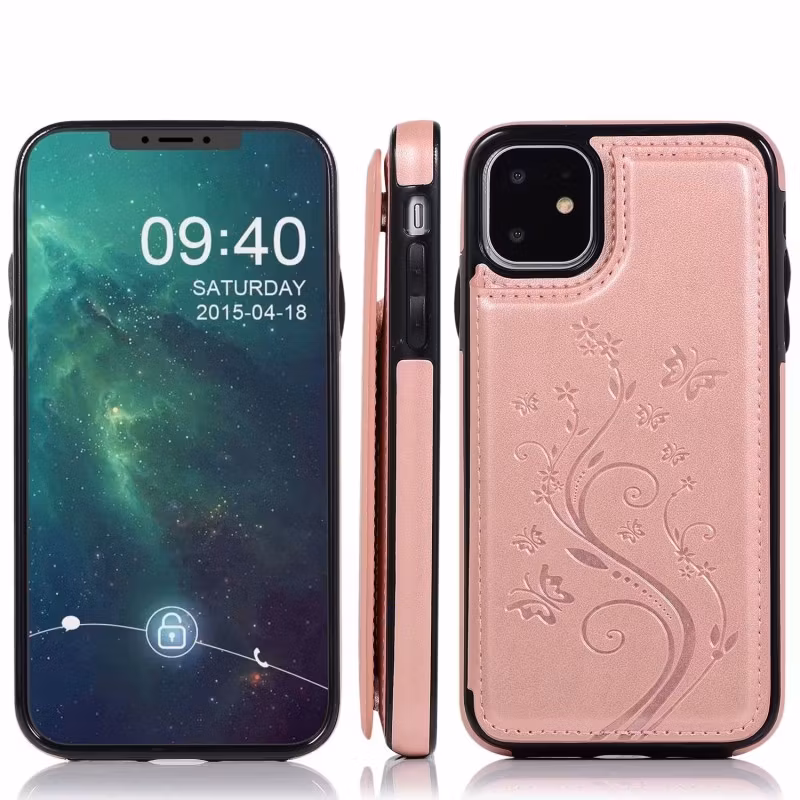 iPhone 11 - Stöttåligt Läder skal med kortfack Nordic® Roséguld
