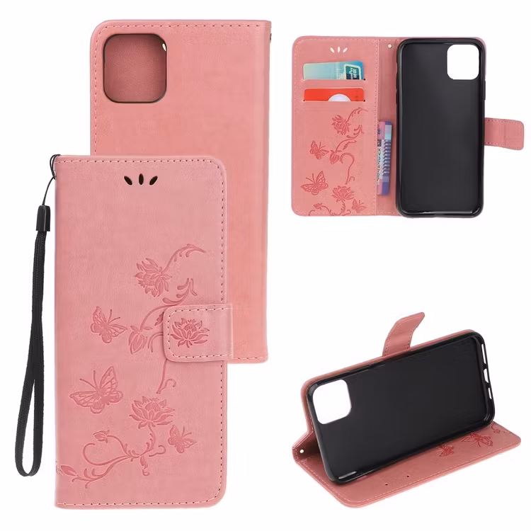 iPhone 12/12 Pro - Läderfodral Mönstrat Fjärilar Rosa