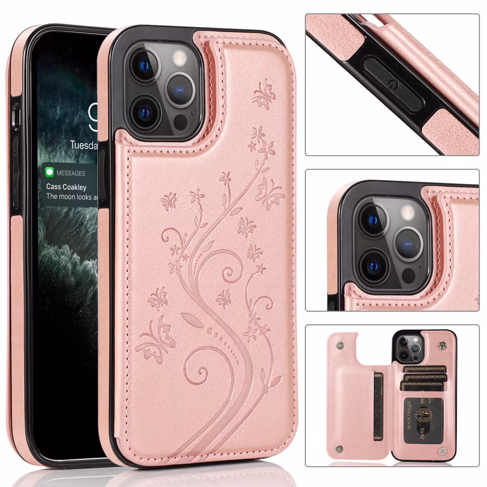 iPhone 13 Pro - Nordic® Stöttåligt Läder skal kortfack Roséguld