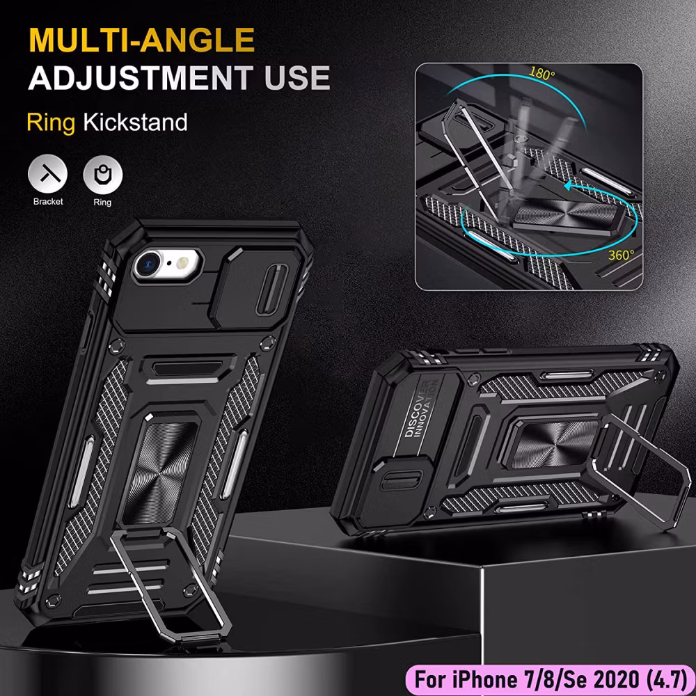 iPhone 7/8/SE - Skal Kameraskydd Stöttåligt Ringhållare Svart