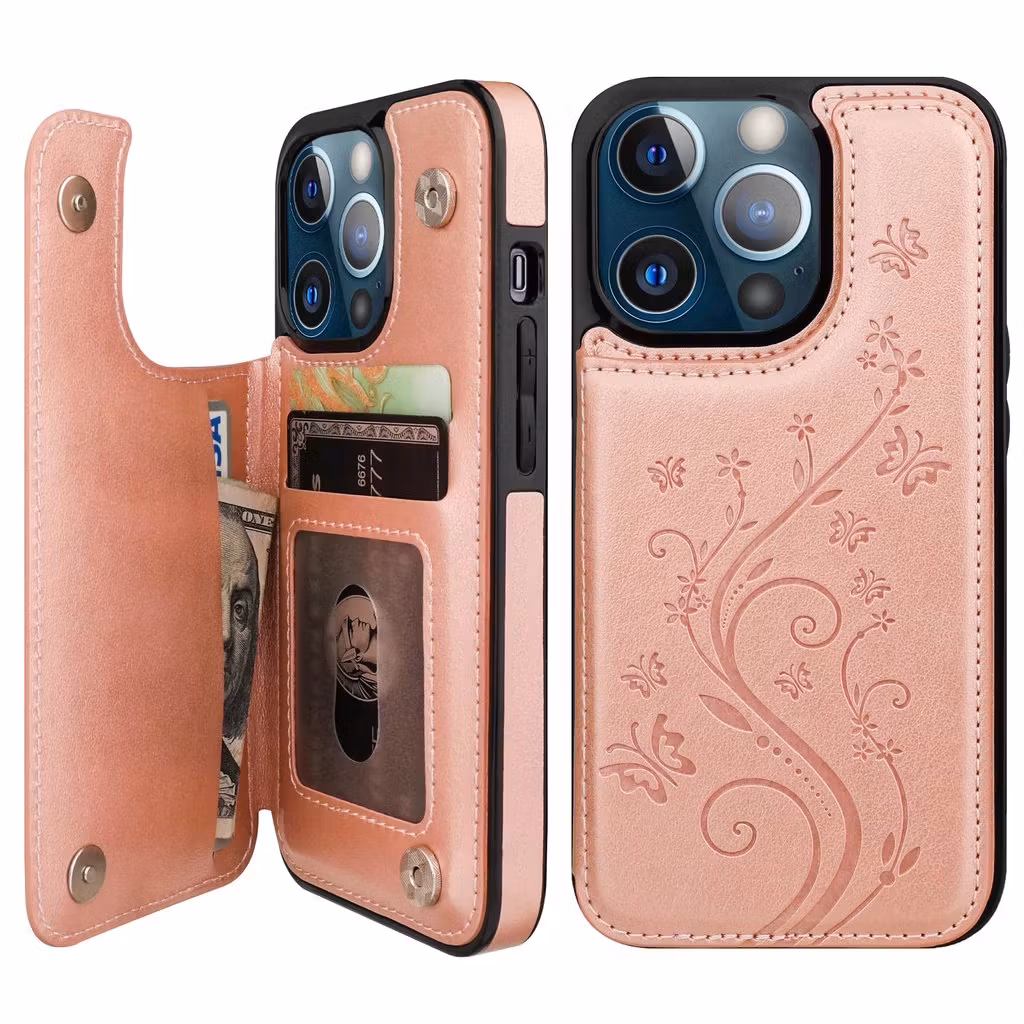 iPhone 14 Pro - Stöttåligt Läder skal kortfack Roséguld