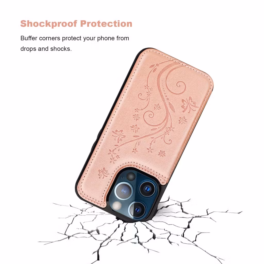 iPhone 14 Pro - Stöttåligt Läder skal kortfack Roséguld