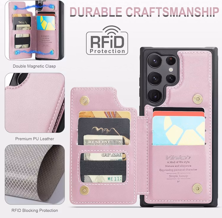 Samsung S23 Ultra - Premium Läderskal Korthållare RFID Skyddat Roséguld