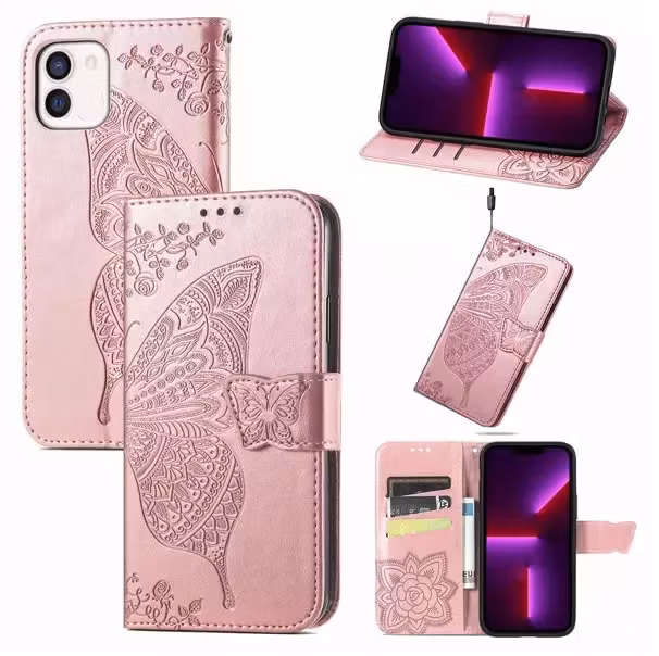 iPhone 11 - Praktiskt Läder Fodral Motiv Fjärilar Roséguld