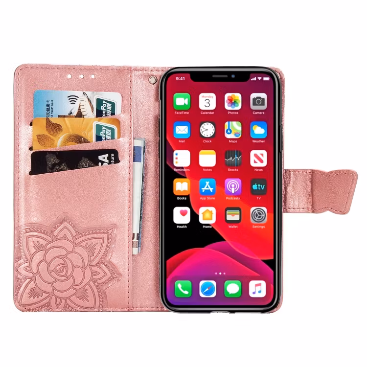 iPhone 11 - Praktiskt Läder Fodral Motiv Fjärilar Roséguld