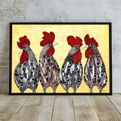 Kunsttrykk  A3 "4 Roosters"