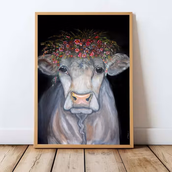 Plakat  A3 "Ku med  blomster"