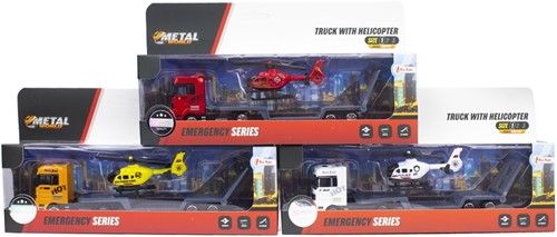 METALL LASTBIL MED SLÄP OCH HELIKOPTER 3 DIVERSE 12,5X24CM