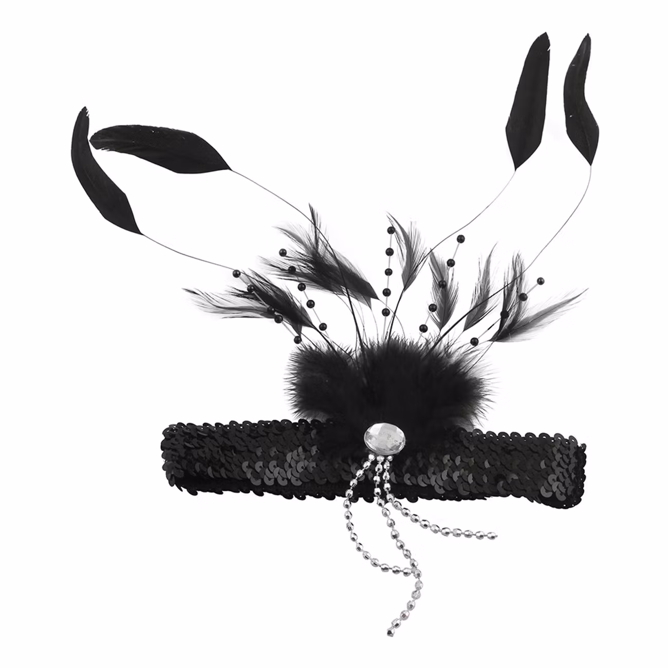 Svart Paljettband med Fjädrar