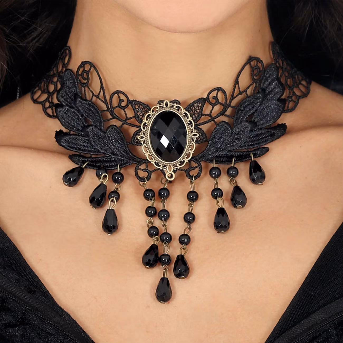 Halsband Choker Svart med Pärlor