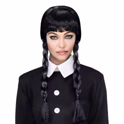 Svart Peruk med Flätor och Lugg