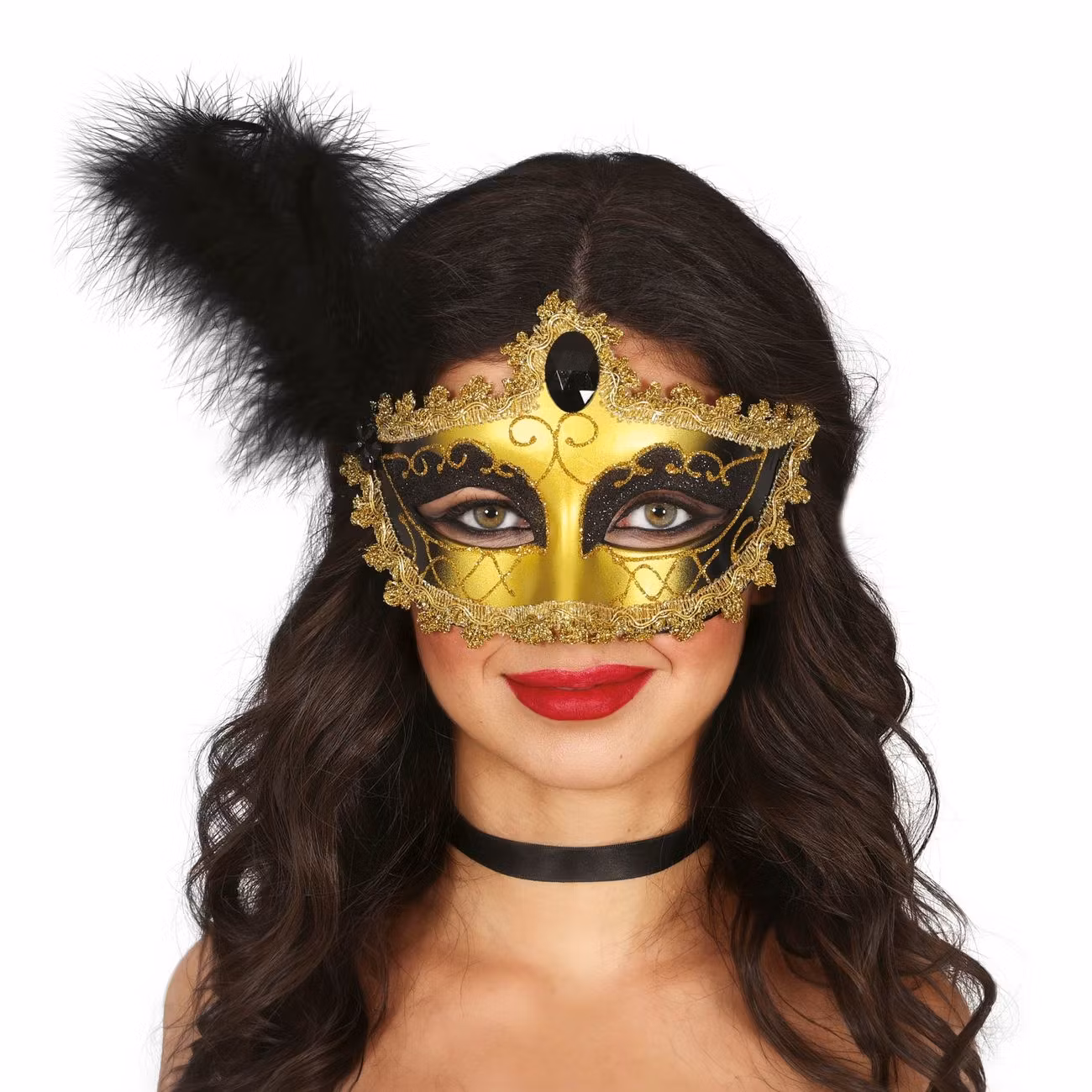 Ögonmask Svart/Guld med Fjäder