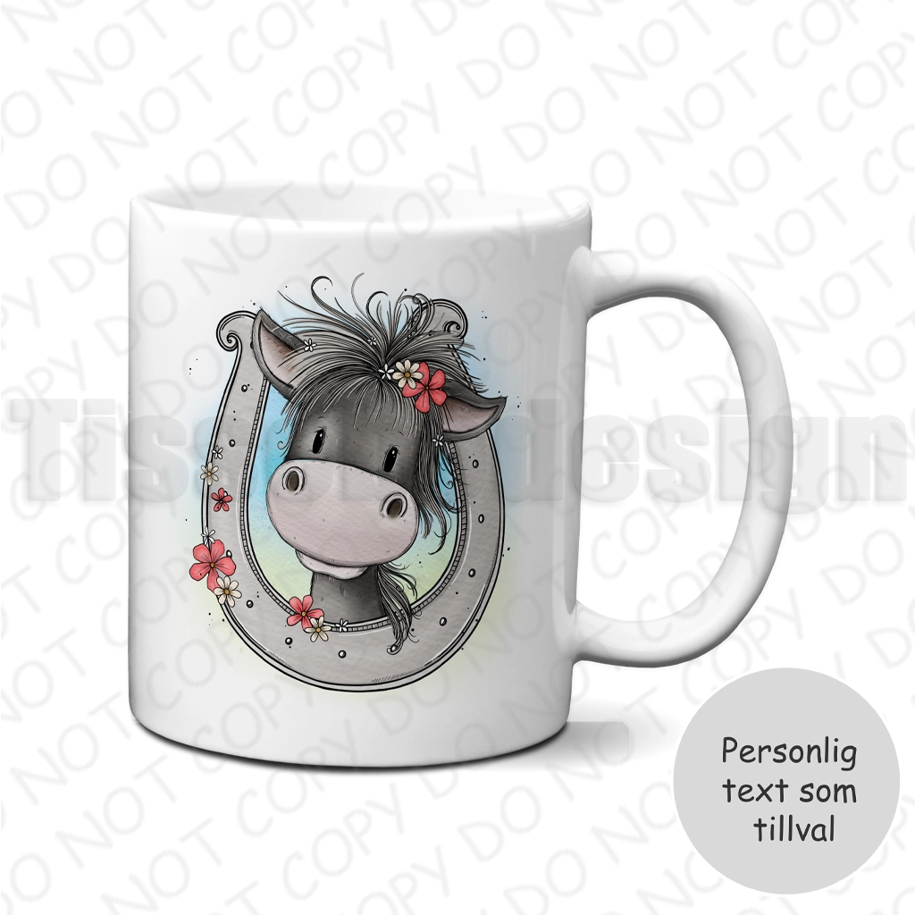 Mugg – Söt häst i hästsko med blommor