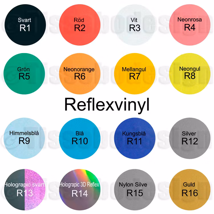 Färgkarta på vilka färger det går att välja på trycket med reflexvinyl.