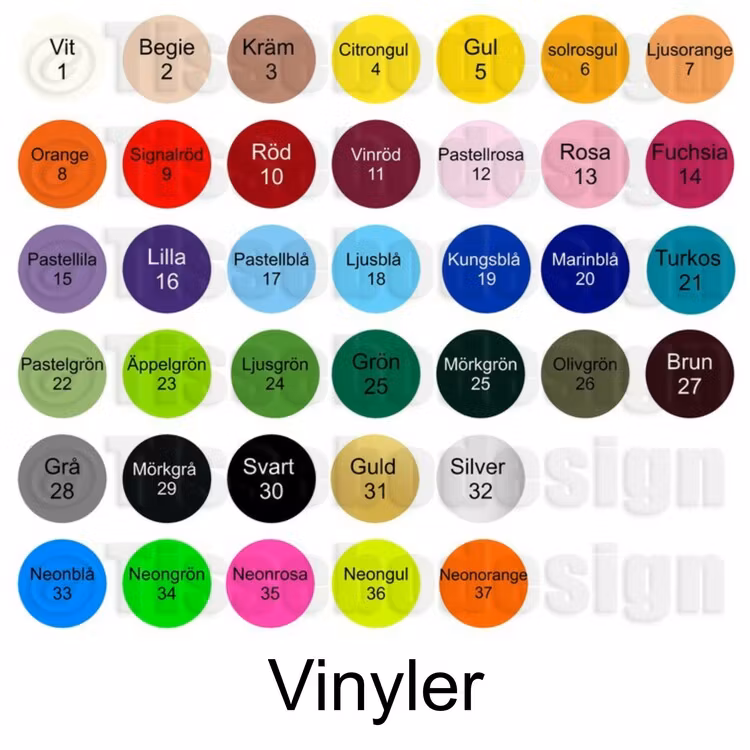 Färgkarta på vilka färger det går att välja på trycket med vanlig vinyl.