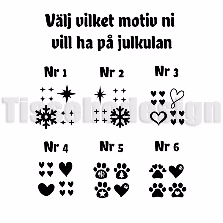 Motiv som kan väljas för personliga julkulor, inkluderar olika symboler och stilar som gå