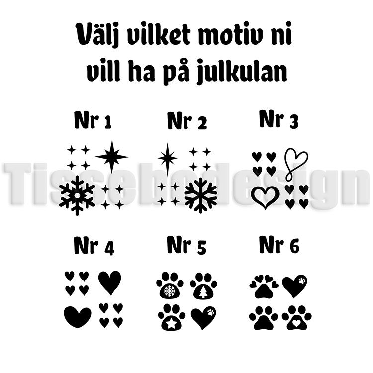 Översikt av tillgängliga fonter och färger, såsom vit, guld, silver och svart, för namntryck på personliga röda julkulor.