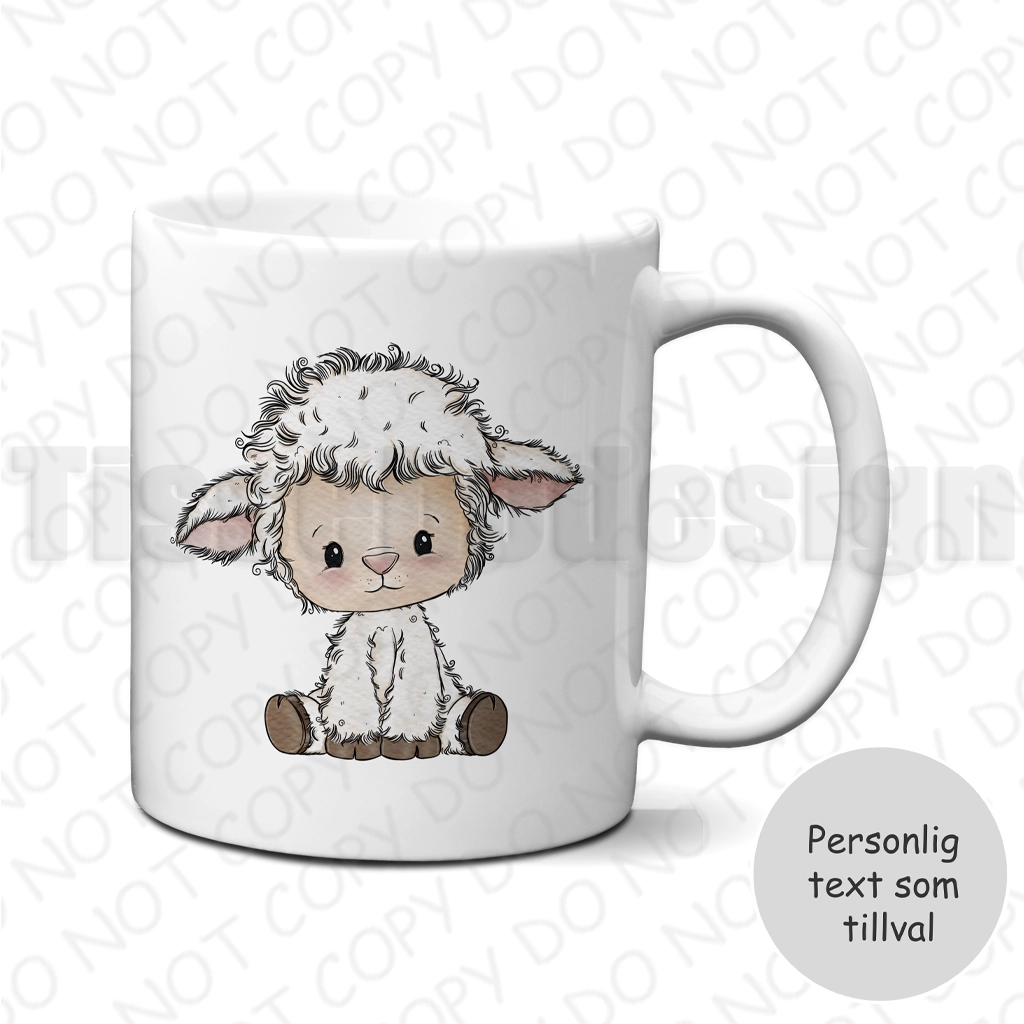 Mugg med sittande lamm i illustrerad stil