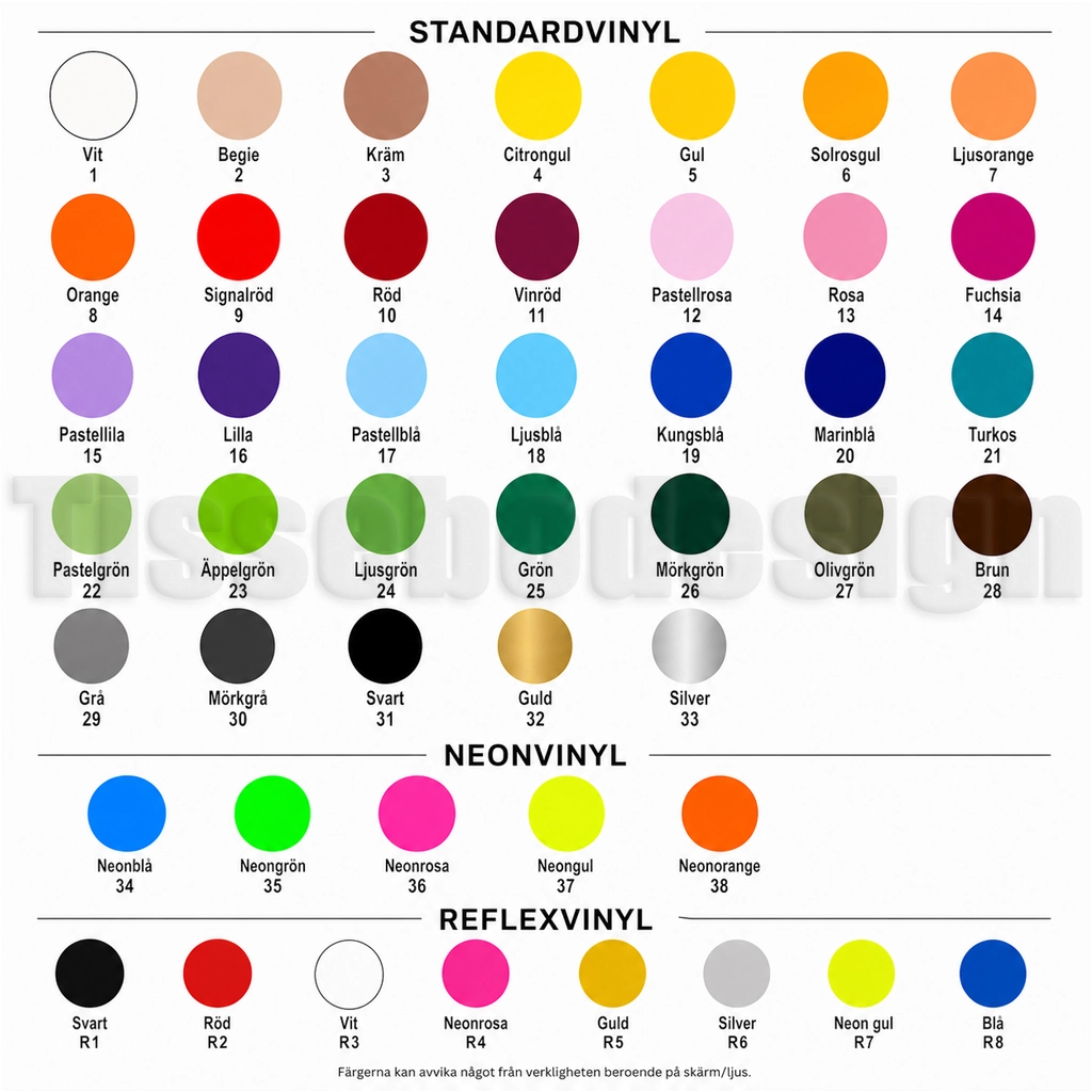 Översikt med 46 färgalternativ för tryck – inklusive standardvinyl, neonvinyl och reflexvinyl, numrerade 1–38 samt R1–R8