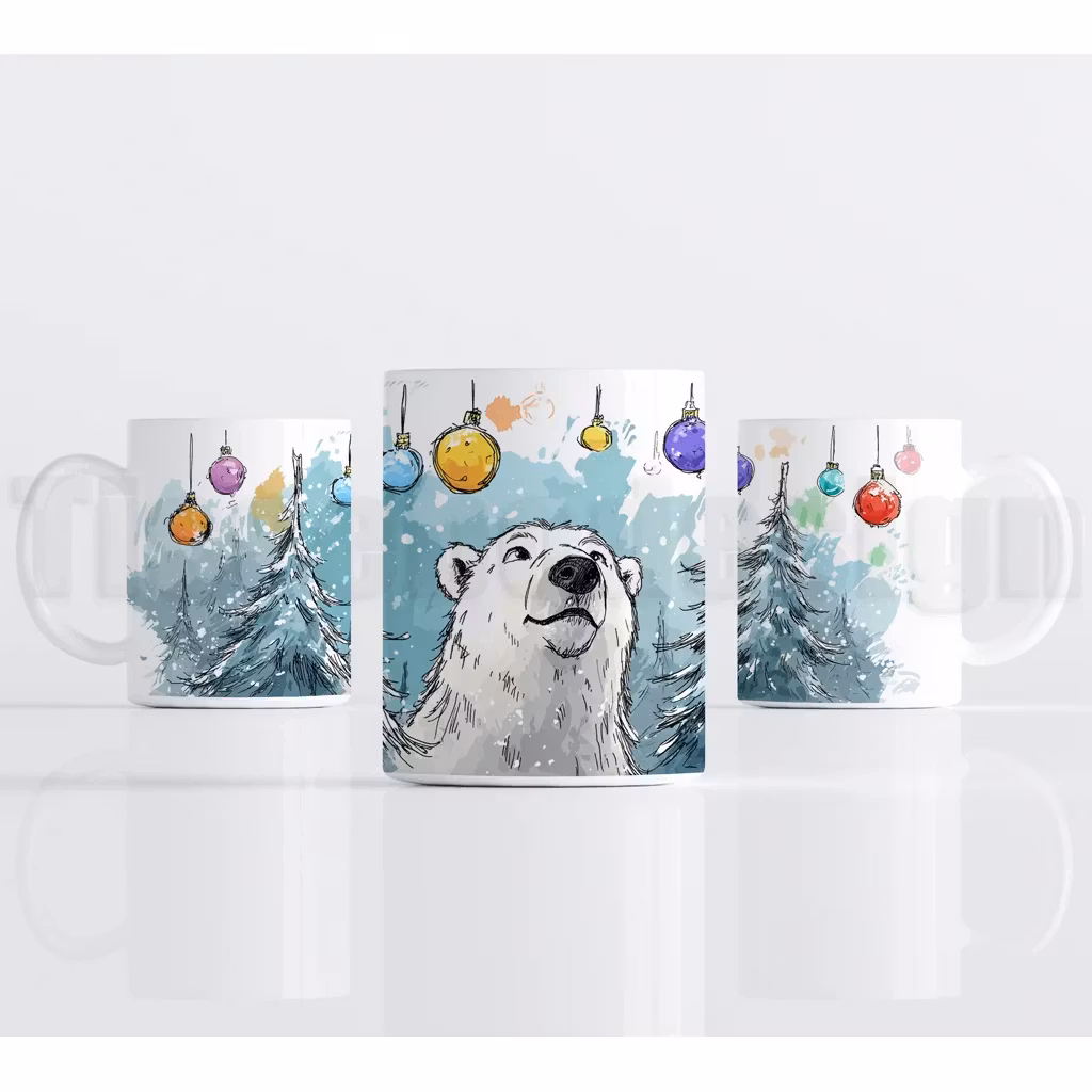 Julmotiv med isbjörn, vintergranar och färgglada julkulor