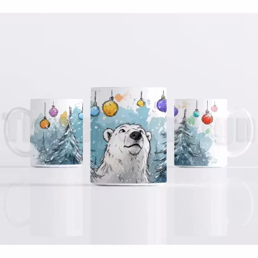 Julmugg – isbjörn med färgglada julkulor och vintergran