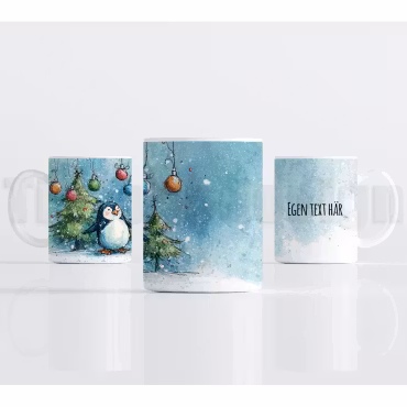 Julmugg – pingvin med julgran, julkulor och egen text