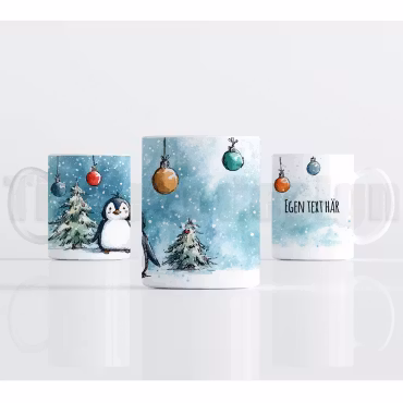 Julmugg – pingvin med vintergran, julkulor och egen text