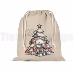 Julsäck – nalle framför julgran med paket