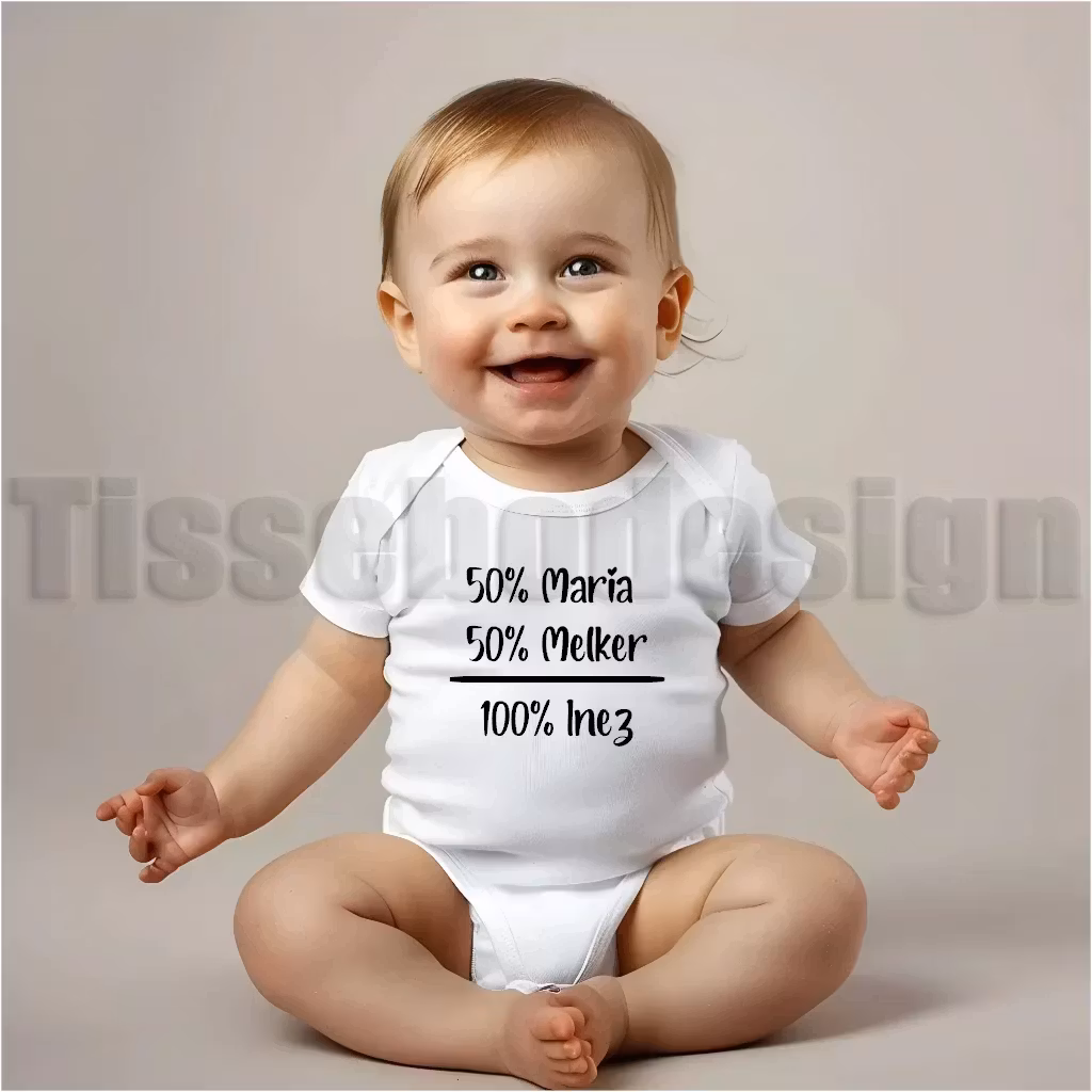 Vit babybody med svart text: 50% Maria, 50% Melker, 100% Inez. En personlig babybody med namntryck.
