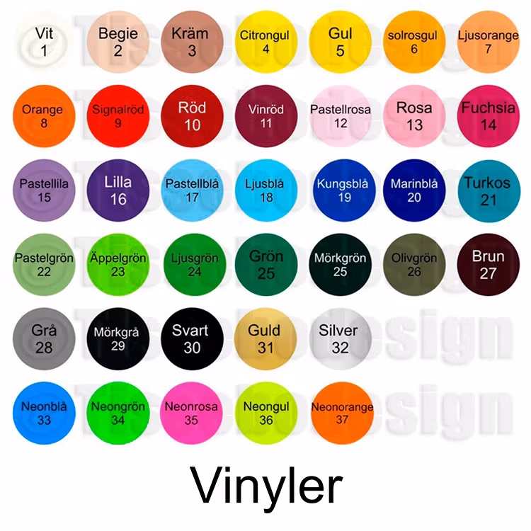 Färgkarta över vilka vinyler man kan välja på texten på T-shirten