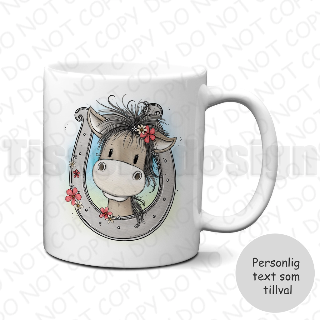 Mugg – Söt häst i hästsko med blommor