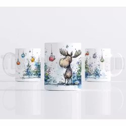 Julmugg – älg i akvarellstil med julkulor och vintergran